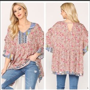 NWT Floral and paisley over size top with ruffle sleeves